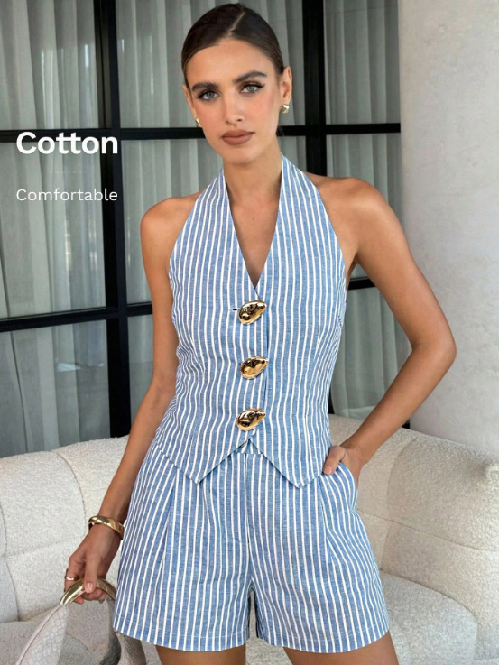 Women's Clothing Women's Summer V Neck Halter Neck Backless Sleeveless Vest And Shorts Set Metal Buckle For Formal & Casual For Women_ecoleips.com