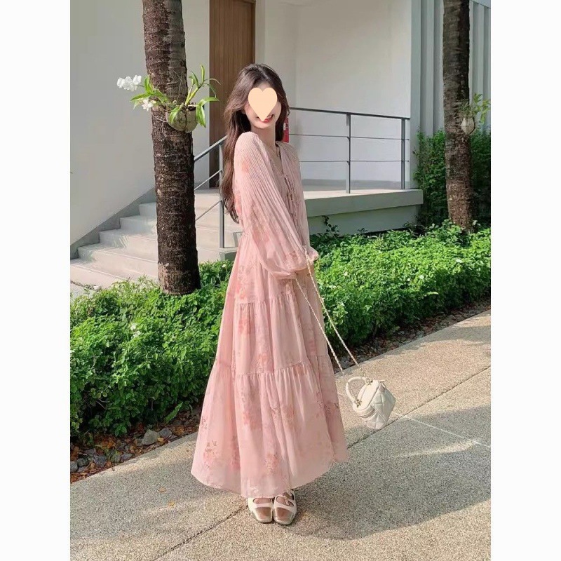 仙領長袖連衣裙韓版夏裝新款碎花很仙女裙寬鬆甜美多巴胺長裙