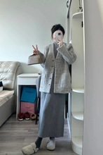 小香风套装2025春秋名媛气质收腰灰色毛呢外套内搭连衣裙子两件套