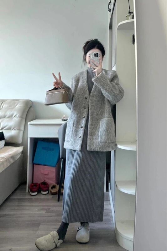 小香风套装2025春秋名媛气质收腰灰色毛呢外套内搭连衣裙子两件套|undefined