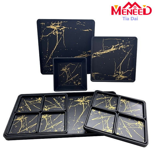 Melamine Luxury Scandinavian Party Dessert Plate Bowl Tray Melamine Square Black White Gold Tableware Set Can Be Customized
