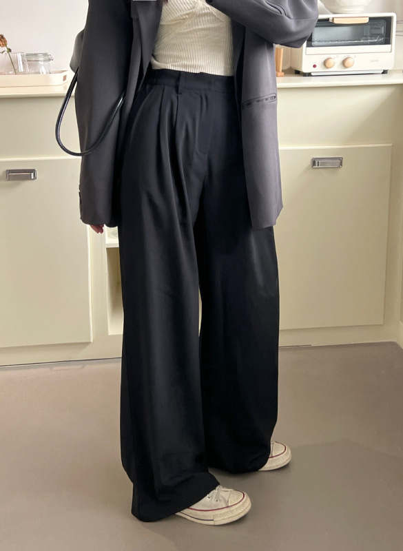 觅定 灰色西装裤女春季阔腿裤直筒裤垂感感休闲长裤春秋裤子|undefined