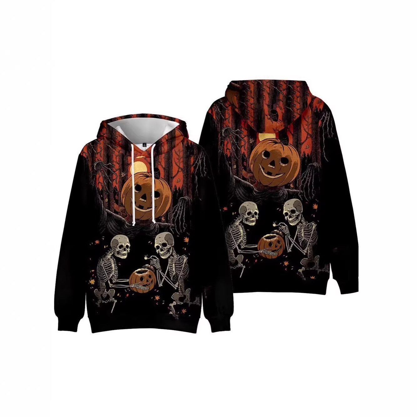 跨境春秋长袖连帽衫万圣节骷髅南瓜头3D印花时尚休闲带帽卫衣无领