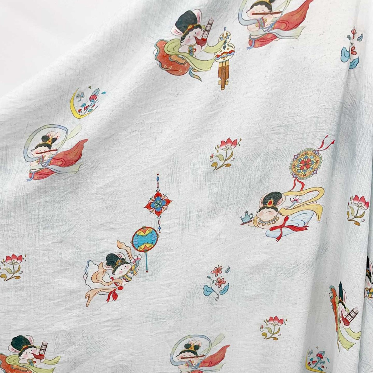 新中式复古天宫仙女卡通锦丝麻印花苎麻面料人棉印花现货