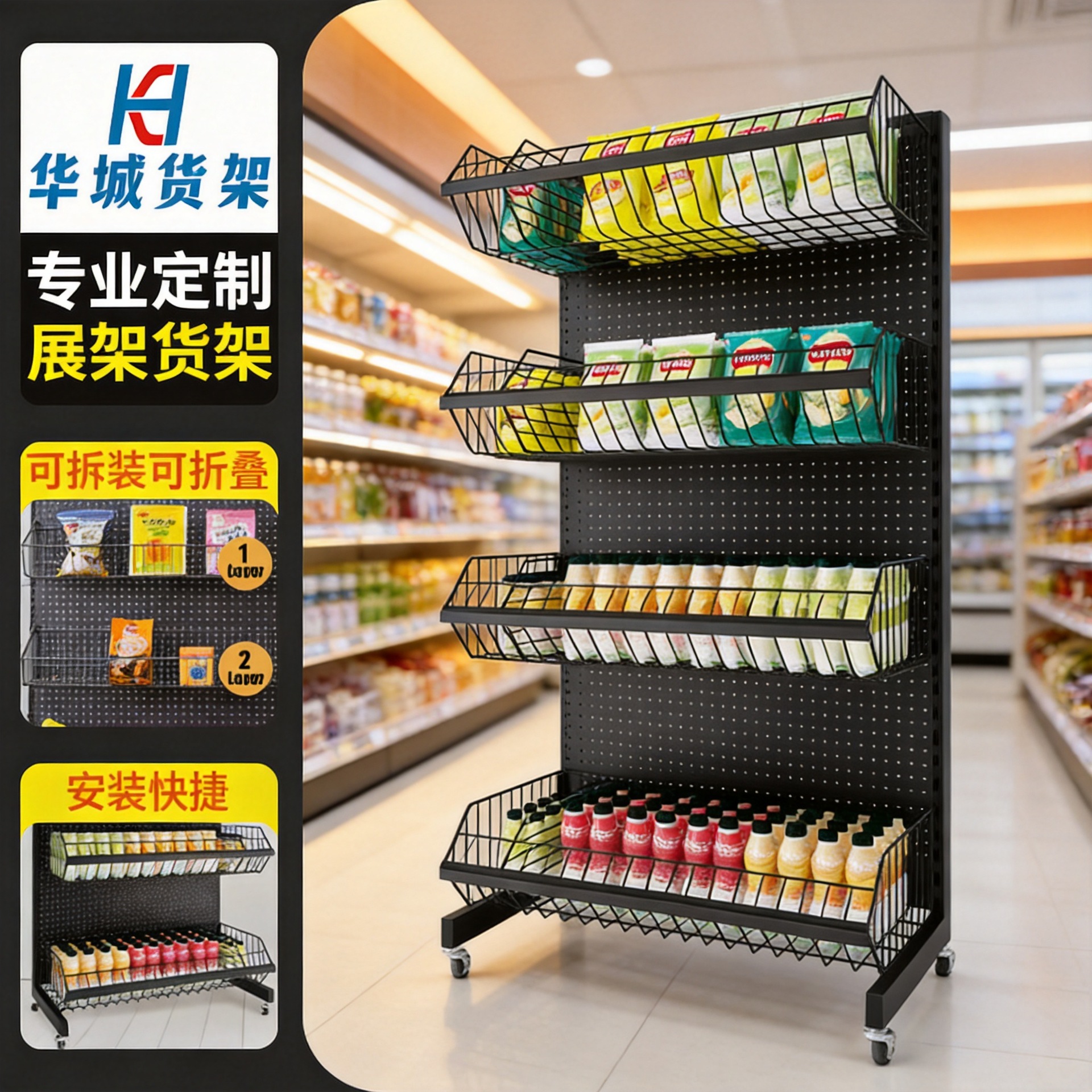 Estantes de supermercado móviles personalizados con ruedas, estantes de exhibición de bocadillos y bebidas, estantes de agujero desmontables