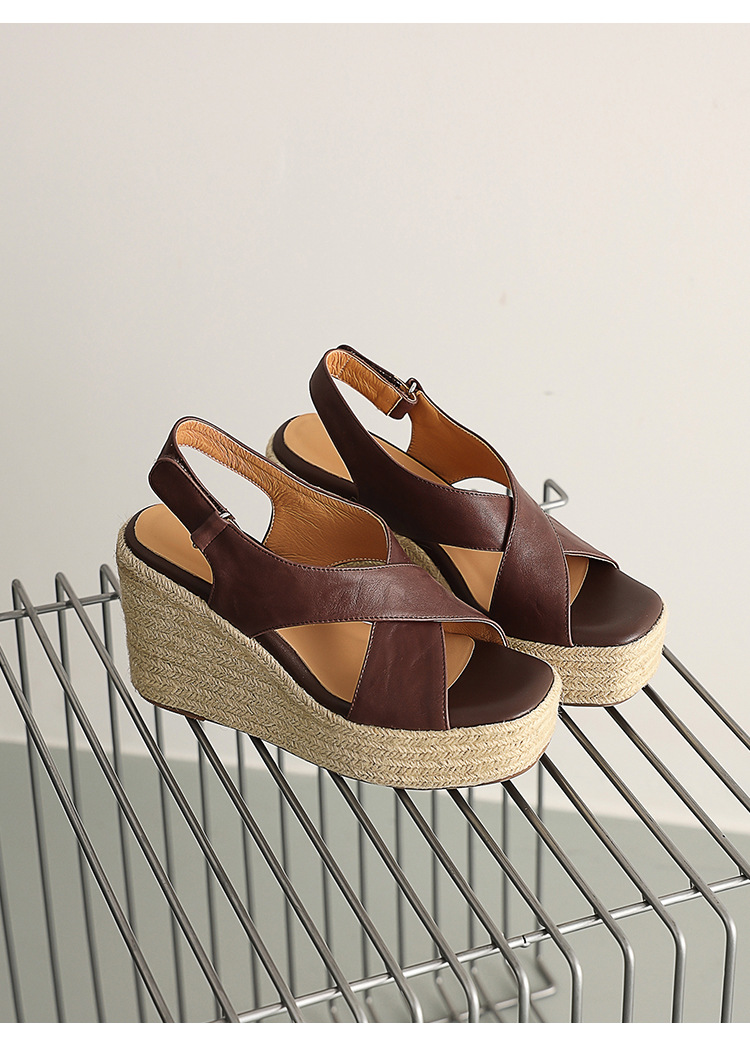 Sandal cao gót nữ hở mũi phong cách Pháp quai chéo da bò, đế xuồng cao gót 9 cm, đế platform 3 cm — màu nâu, màu đen, màu trắng ngà chi tiết 14