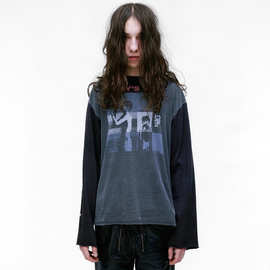 ERD忧郁的富二代摄影男孩假两件复古水洗做旧拼接长袖T恤男女潮流