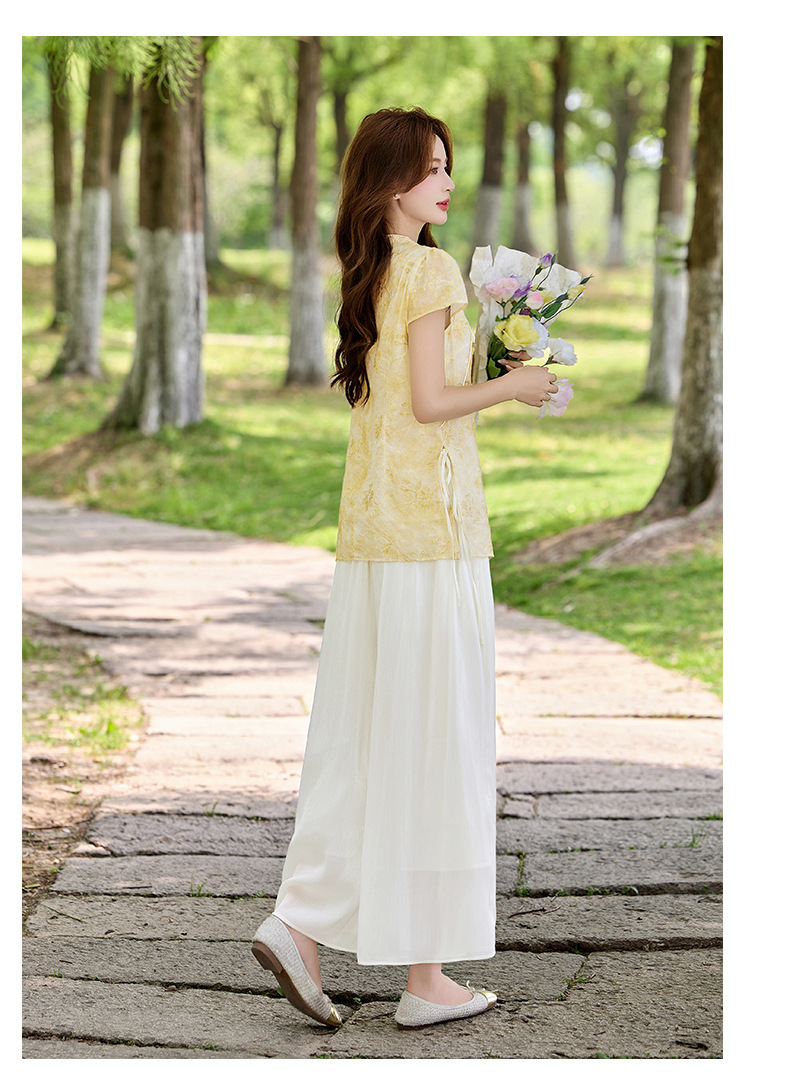 Bộ áo sơ mi cổ đức in họa tiết kết hợp quần dài hai mảnh nữ thời trang — Xanh lá cây nhạtcolor, Vàng nhạt chi tiết 17
