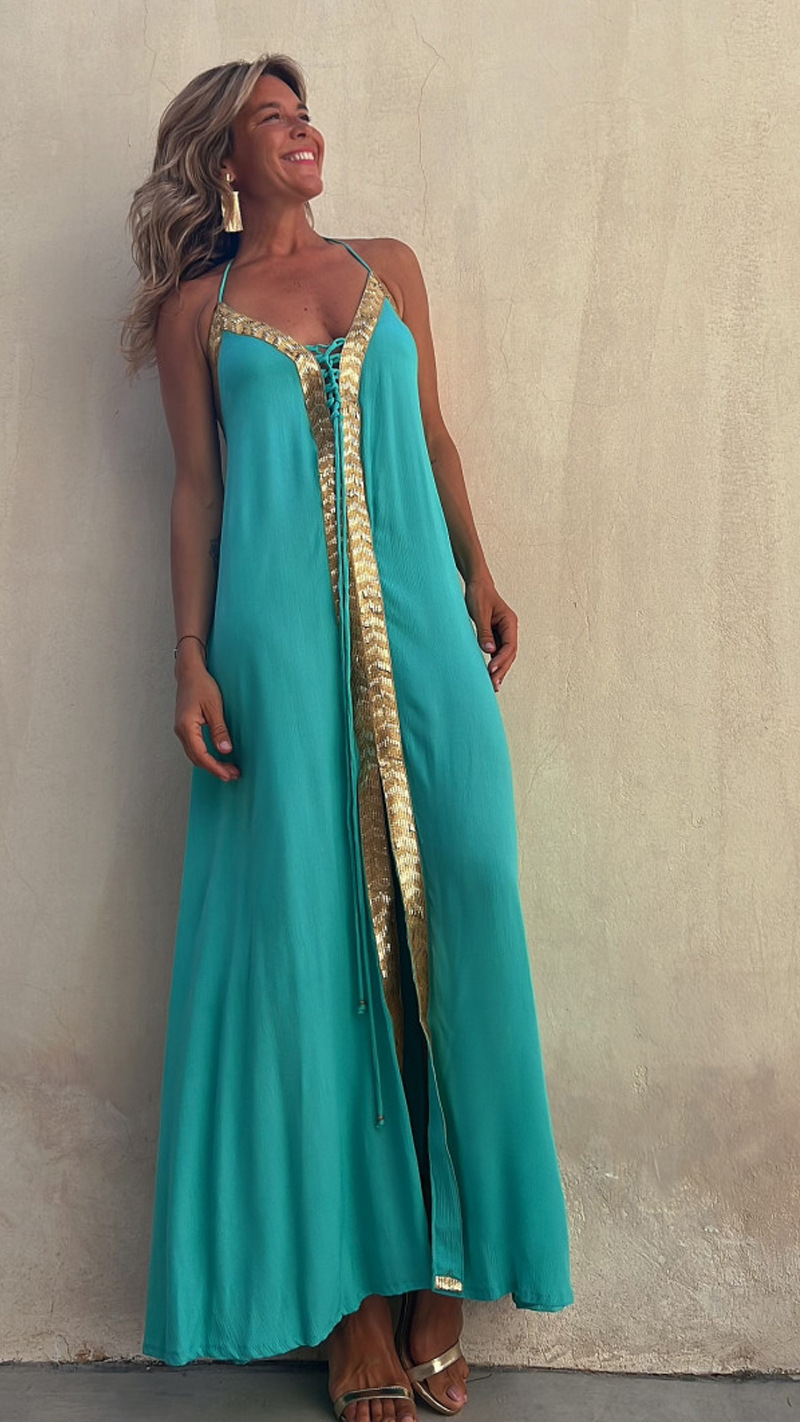 Sleeveless Sleeve Length Swing Dress Dresses Type Wholesale Women'S Casual Vacation Patchwork Solid Color Holiday Halter Neck Sleeveless Swing Dress