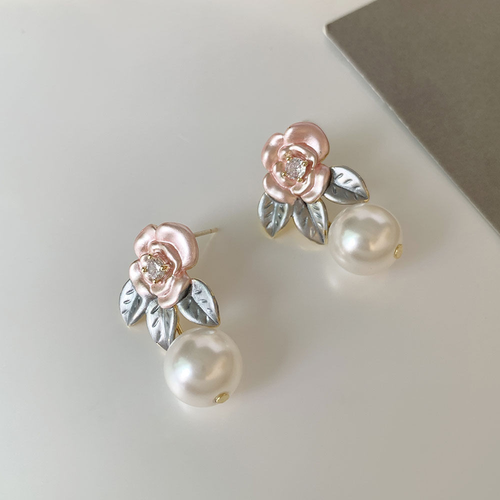 1 Pair Sweet Flower Enamel Plating Inlay Imitation Pearl Copper Zircon 14k Gold Plated Drop Earrings display picture 3