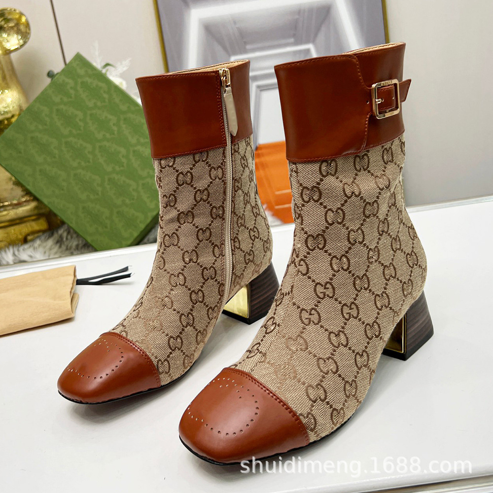 Boots Ankle秋冬高跟女短靴G家字母低筒裸靴方跟侧拉链女靴高品质