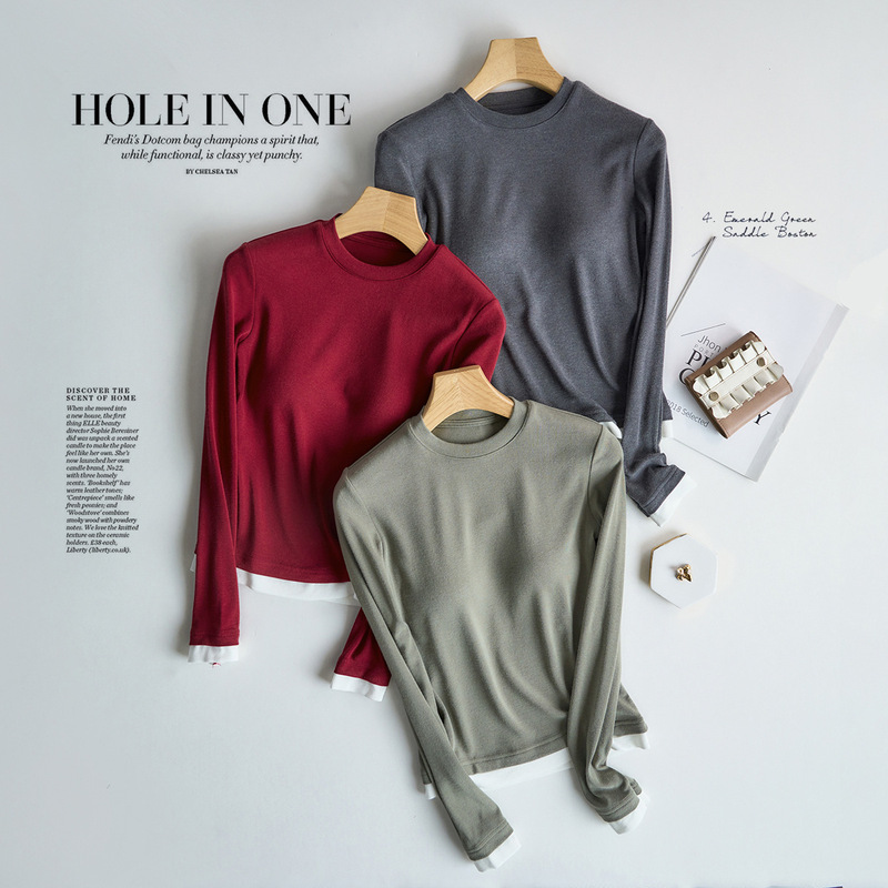 Korean Style Round Neck Contrasting Color Basic Long-Sleeved T-Shirt with Chest Pad for Autumn and Winter Layering and Splicing Fake Two-Piece Slim Bottoming Shirt Korean Style Round Neck Contrasting Color Basic Long-Sleeved T-Shirt with Chest Pad for Autumn and Winter Layering and Splicing Fake Two-Piece Slim Bottoming Shirt