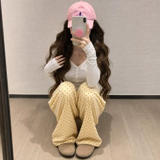 黄色波点阔腿裤女秋季胖mm大码瑜伽健身裤韩系垂感宽松休闲运动裤