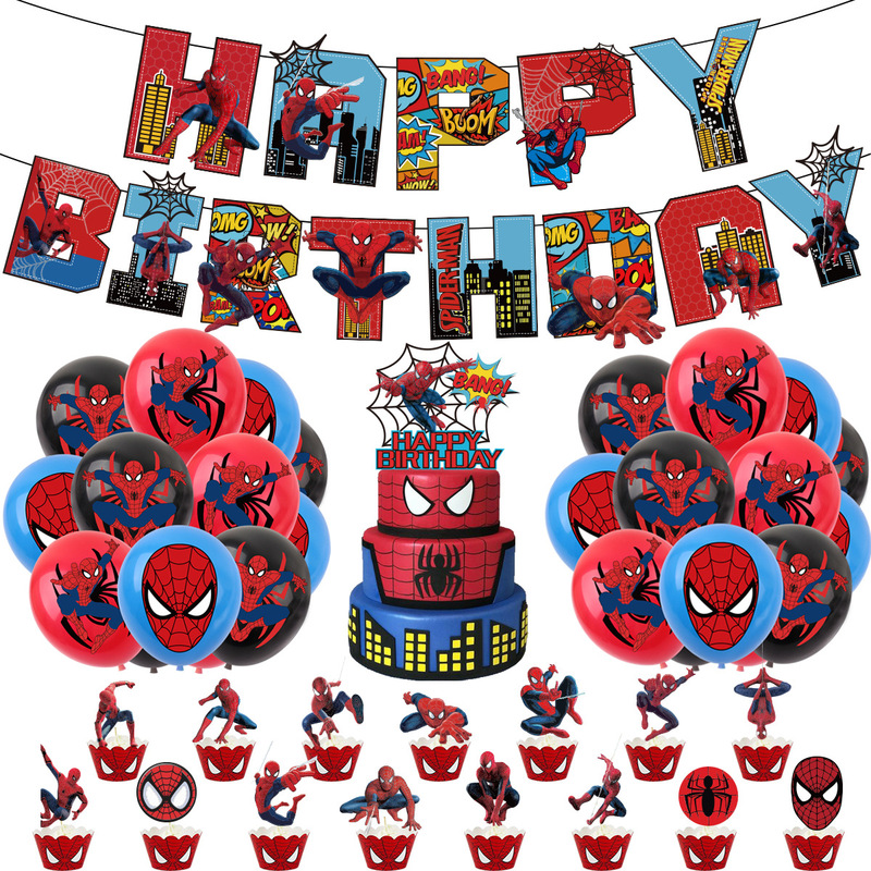 Spiderman Theme Children's Birthday Party Supplies Superhero Flag Banner Balloon Cake Insert Decoration Set