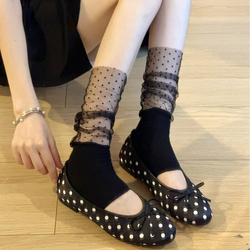 Summer Thin Mesh Polka Dot Slouch Socks for Women, Slightly Sheer, Pure Desire Style, Half-Length Lace Splicing Stirrup Socks Summer Thin Mesh Polka Dot Slouch Socks for Women, Slightly Sheer, Pure Desire Style, Half-Length Lace Splicing Stirrup Socks