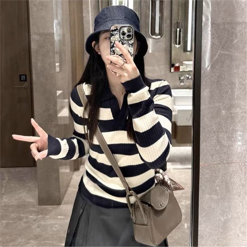 秋冬款显瘦韩系长袖打底衫早秋新款条纹V领针织衫毛衣翻领撞色ins|undefined