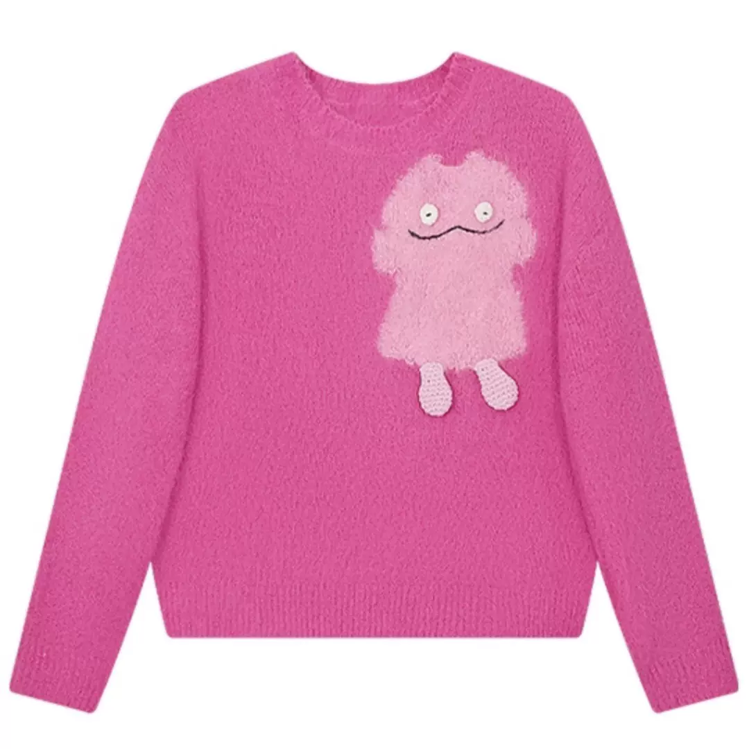 秋冬粉色绵羊毛马海毛小怪兽提花宽松针织毛衫女保暖加厚圆领毛衣