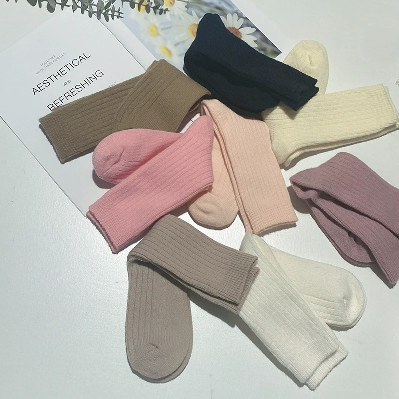 Шерстяные носки, женские осенне-зимние ворсовые носки до середины икры, утолщенные японские теплые закрытые носки, однотонные кашемировые носки для сна