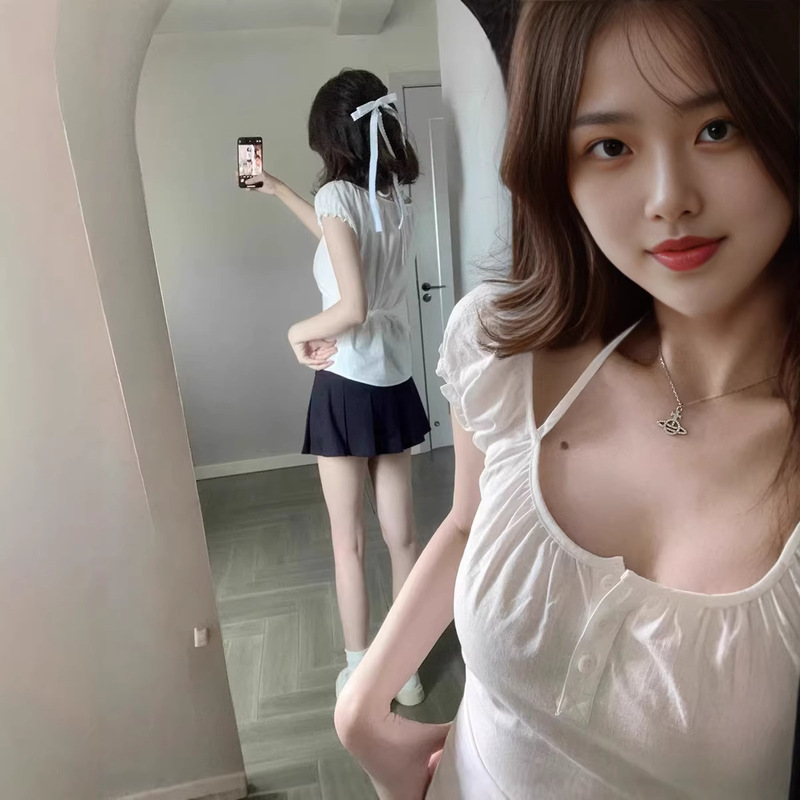 Halter Neck Tie Short-Sleeve T-Shirt for Women, White, Stylish Design, Thin Style with Tie Waist, Pure Desire to Show Off Figure, Hot Girl Top, Ins Style Halter Neck Tie Short-Sleeve T-Shirt for Women, White, Stylish Design, Thin Style with Tie Waist, Pure Desire to Show Off Figure, Hot Girl Top, Ins Style