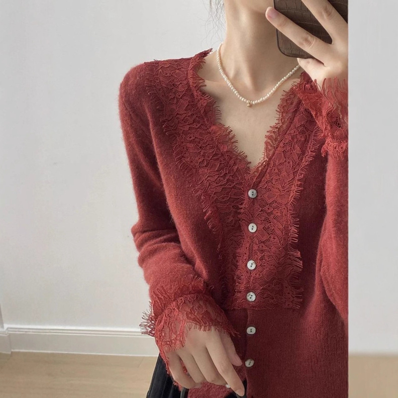 French Lace V Neck Worsted Wool Cardigan for Women 2025 Autum New Sweater Long-Sleeved Inner Layering Shirt Top