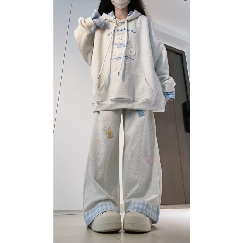 Sweet College Style Casual Sports Suit for Women Autumn and Winter New Student Loose Hooded Sweatshirt Wide Leg Pants Two-Piece Set