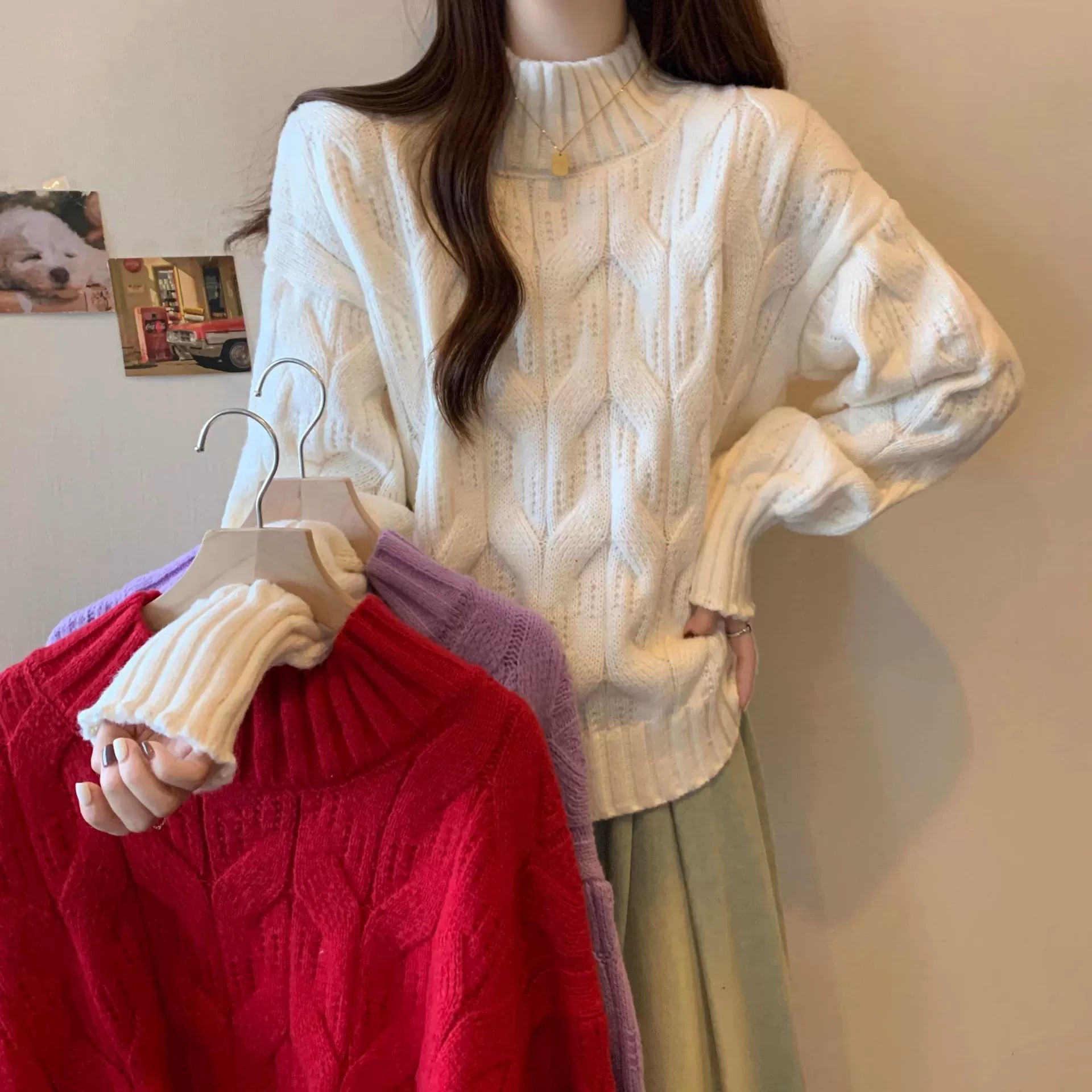 Большой размер женская осень-зима белый полукруглый вихрец мягкий клейкий свитер толстый мм тонкая толстая вязаная рубашка