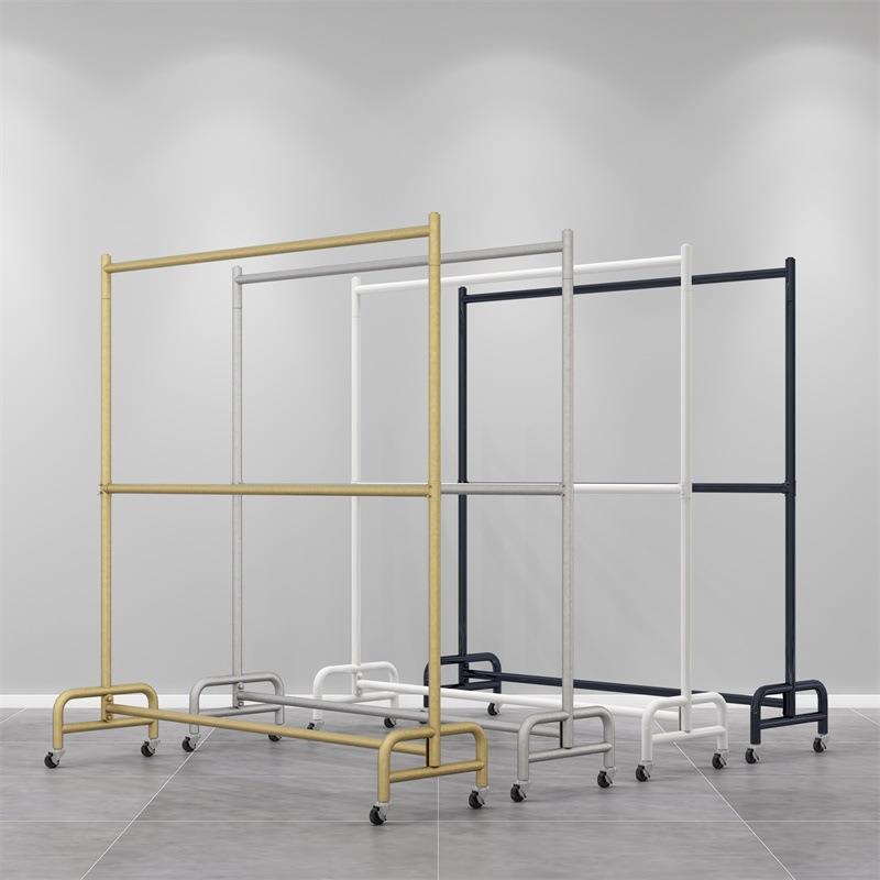 Double-Layer clothing store display stand floor hanger movable adjustable balcony hanger with wheels