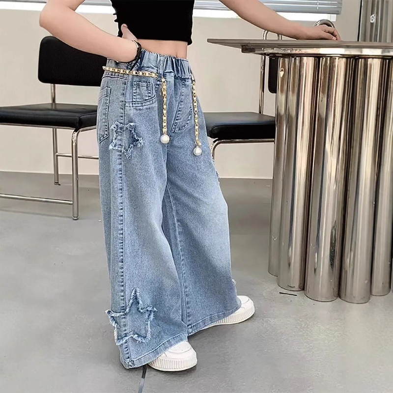 新款中小女童牛仔裤春秋款阔腿裤韩版宝宝宽松毛边洋气休闲长裤子|undefined