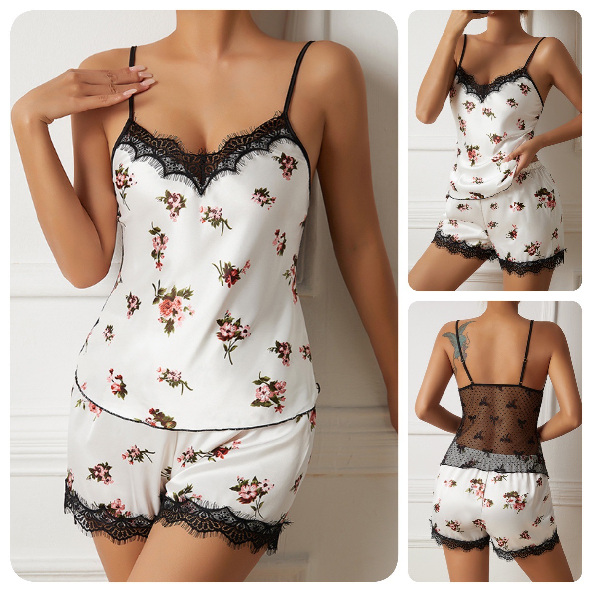 Mufei Cross-Border Faux Silk Pajamas for Women, Floral Print Lace Splicing Camisole and Shorts Two-Piece Loungewear Set 542