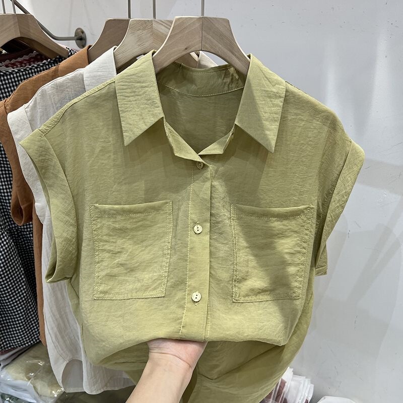 European-Style Polo Collar Sleeveless Shirt for Women, New Summer Model with Double Pockets, Thin Chiffon Loose-Fitting Solid Color Top, Trendy