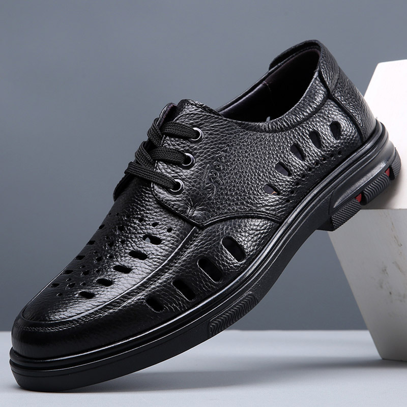真皮男鞋夏季頭層牛皮男士涼鞋鏤空皮鞋男休閒透氣洞洞中年爸爸鞋