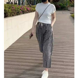 大码宽松黑白格子妈妈装九分裤女夏季休闲显瘦雪纺哈伦阔腿裤女款