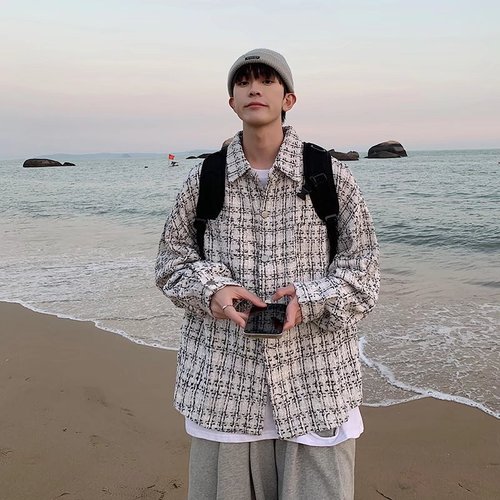 Men's Small Scandal Windbreaker Jacket with Design Sense, Unconventional, Gritty Style, Workwear Jacket for Spring and Autumn, Trendy, Ins Checkered Top Coat