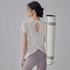 竹糸夏通気性ヨガ Tシャツ中空美背中スポーツトップ女性のヨガ服ラウンドネックフィットネス半袖夏
