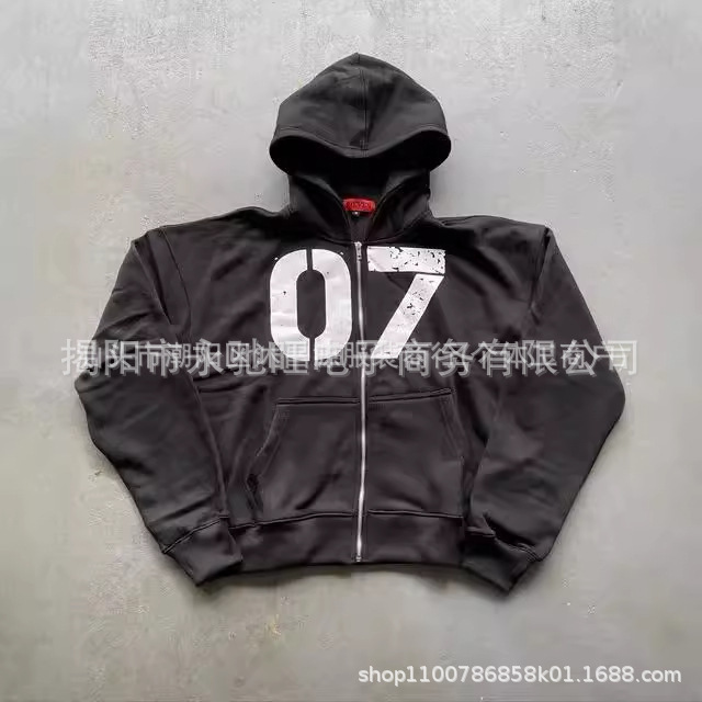 2024 new European and American fashion fashion brand street hip hop Harajuku style hooded cardigan digital 07 printed sweater sweater pants