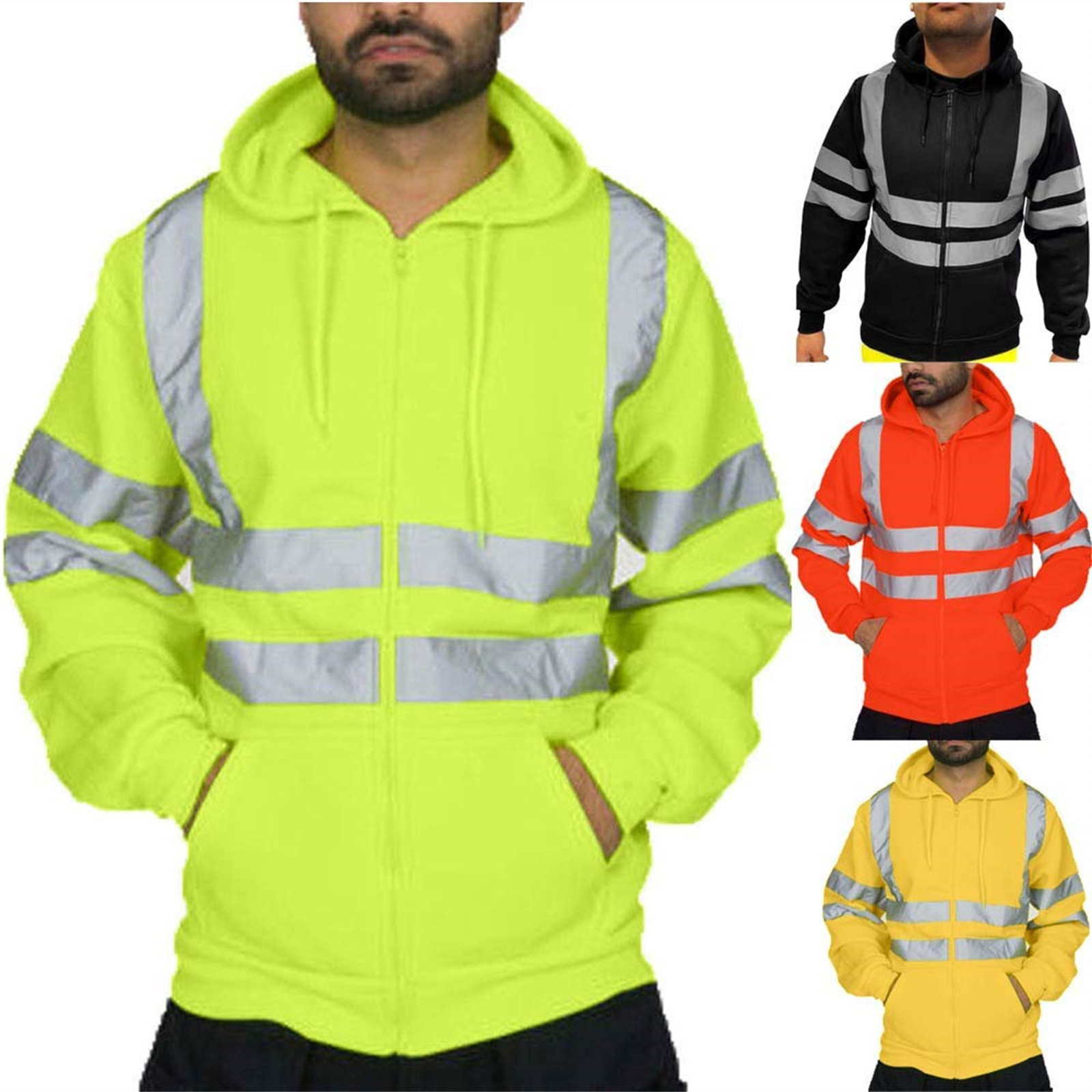 Cross-Border Foreign Trade Popular Men's Reflective Strip Zipper Cardigan Sanitation Clothing Plus Velvet Hooded Zipper Reflective Strip Jacket for Men