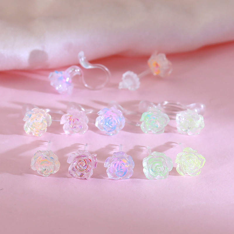 韩版幻彩花朵山茶花耳环女甜美百搭养耳洞耳钉时尚小众设计感耳针