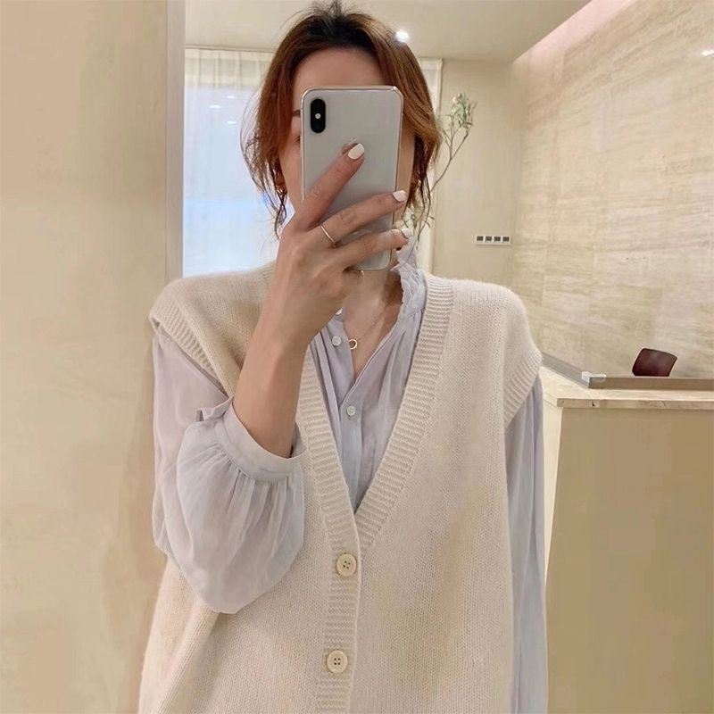 韩系宽松休闲v领马夹针织背心女秋季洋气减龄马甲外套女外搭开衫|undefined