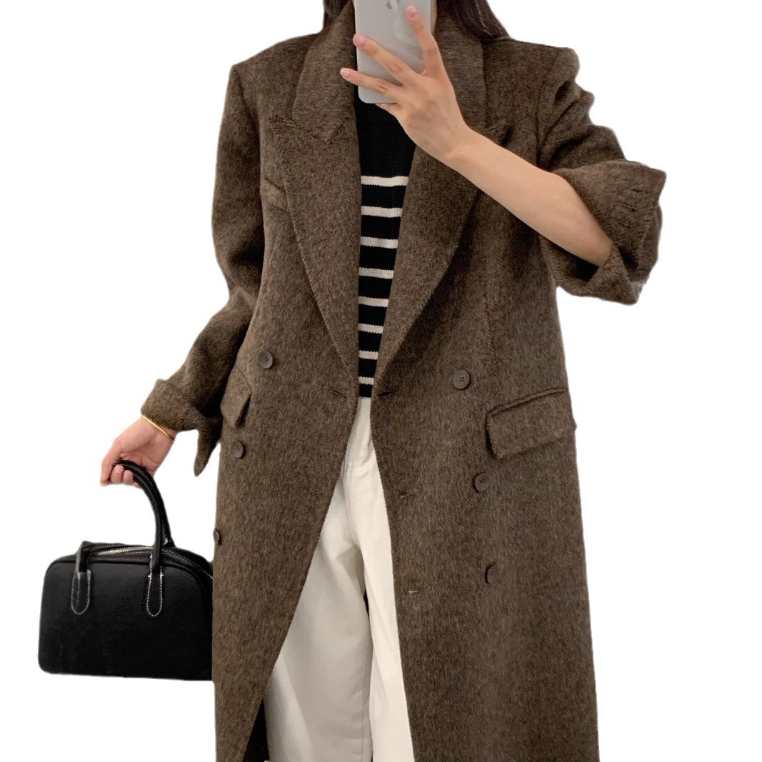 新型ゆったり型両面ウールコート レディース ダブルブレスト フォーマル グレー ヘリンボーン柄 カシミヤブレザー 通勤用