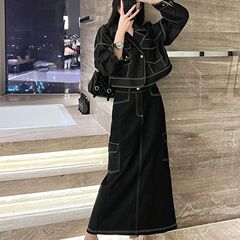 鱼余韩系甜酷工装休闲黑色牛仔套装裙两件套女显瘦潮ins2025新款