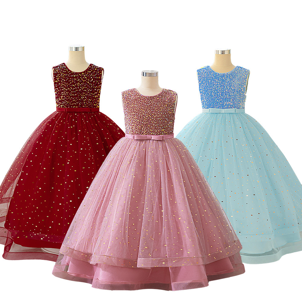 2025 primavera y verano niñas niños con lentejuelas vestido de noche de moda hilo de red esponjoso espectáculo de piano vestido de princesa vestido de noche