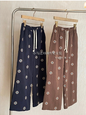 貿易会社の本物! 自留 ~ 日系レトロ刺繍天糸亜麻綿広脚カジュアルパンツ女|undefined