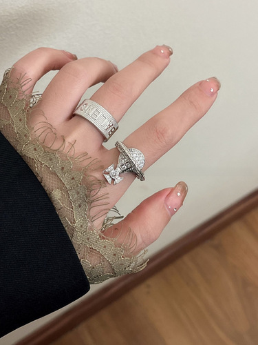 Minimalist Design, High-End Aesthetic, Earthly Starry Planet, Full Diamond Micro-Setting Letter Open Ring, Fashion Universe Geometric Set