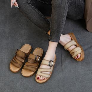 First Layer Cowhide New Summer Outer Wear Sandals Flat Heel Soft Bottom Retro Handmade Casual Roman Women's Slippers