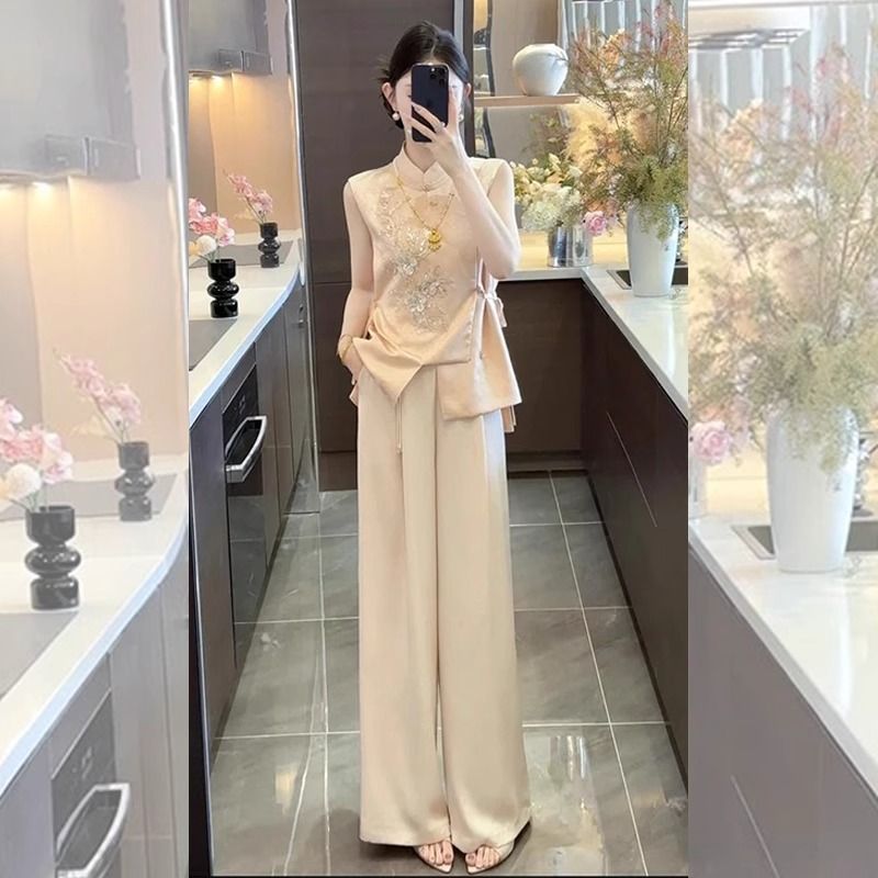 夏季洋气一整套女新中式改良旗袍无袖上衣阔腿裤子感时尚套装|undefined