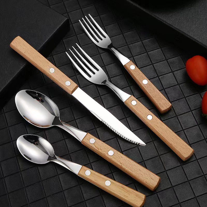 304 cubiertos de madera mango cubiertos set cuchillo tenedor cuchara set 5 piezas set
