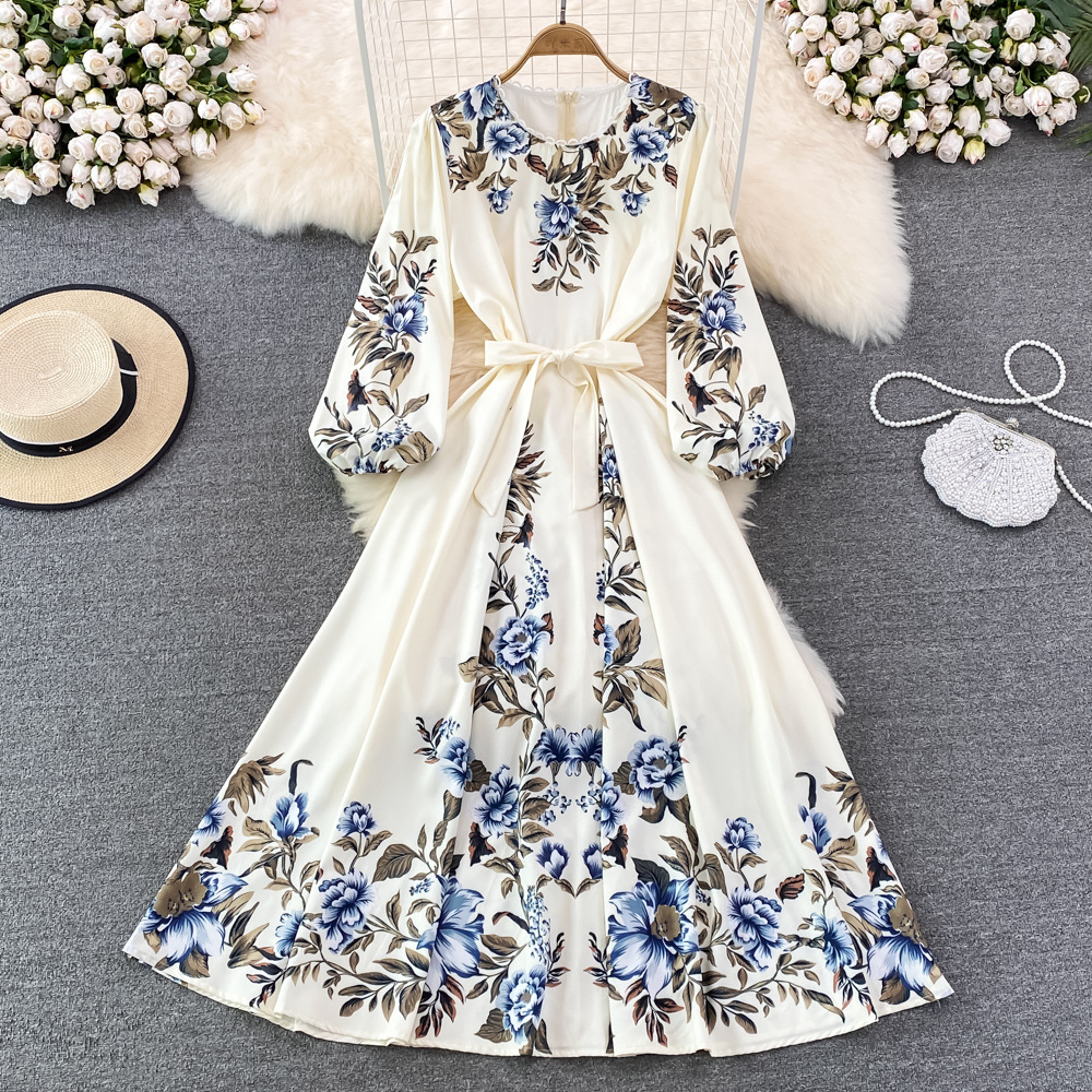 Spring And Autumn High-end Round Neck Bubble Long Sleeve Waist Positioning Printing A-line Dress Elegant Large Swing Long Skirt