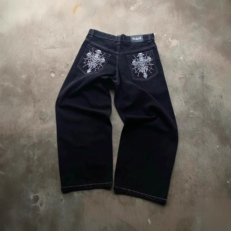 European and American Cross-Border Y2K Harajuku Style Skull Embroidery Vintage Washed Straight-Leg Jeans Loose Baggy Pants Ins