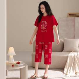 夏季新款爽棉女短袖七分裤套头睡衣大红喜庆休闲女家居服图片色