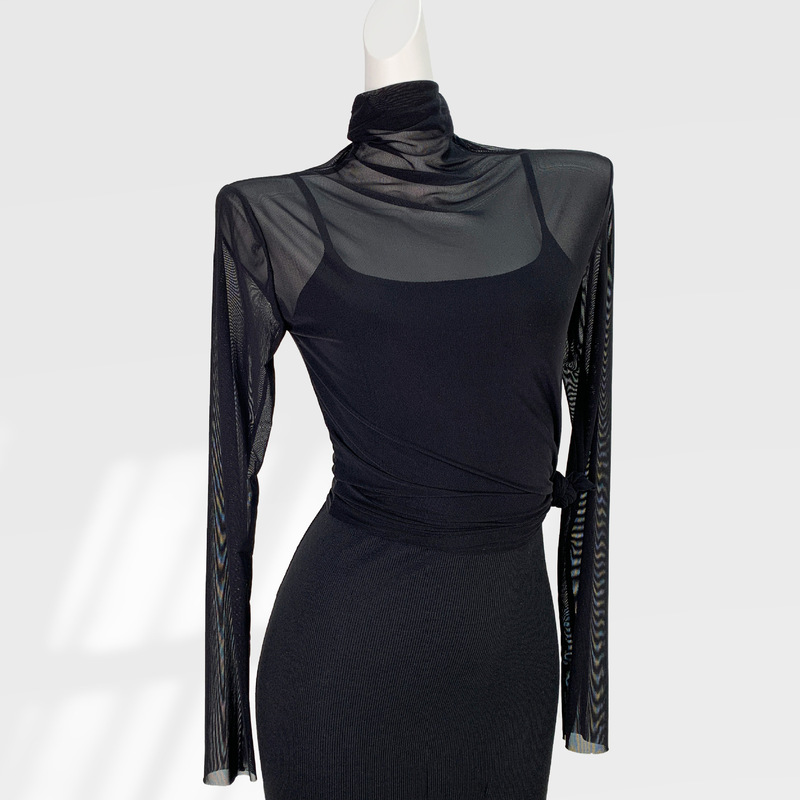 Ice Silk Mesh Transparent High Neck Base Shirt Women's Perspective Summer Thin Black Sexy Long Sleeve Top